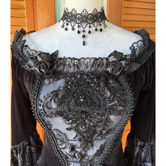 Devil Fashion Gothic Victorian Vampire Black Velvet Beaded Rose & Lace Top XXL - Picture 3 of 16